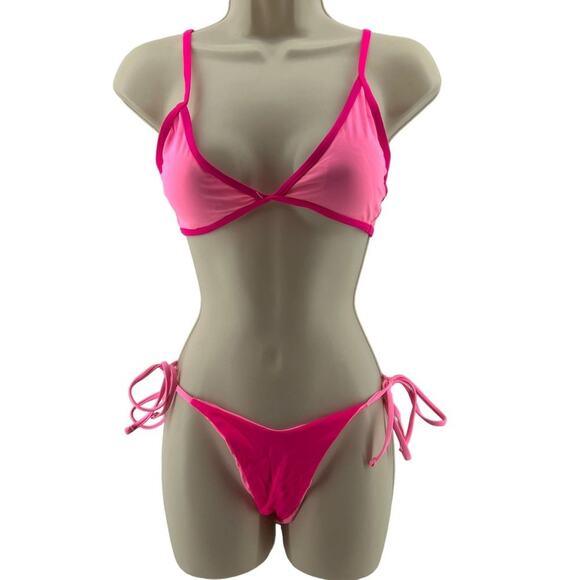 Two Tone Bright Pink String Bikini Set Womens Small  Matching - Picture 6 of 6
